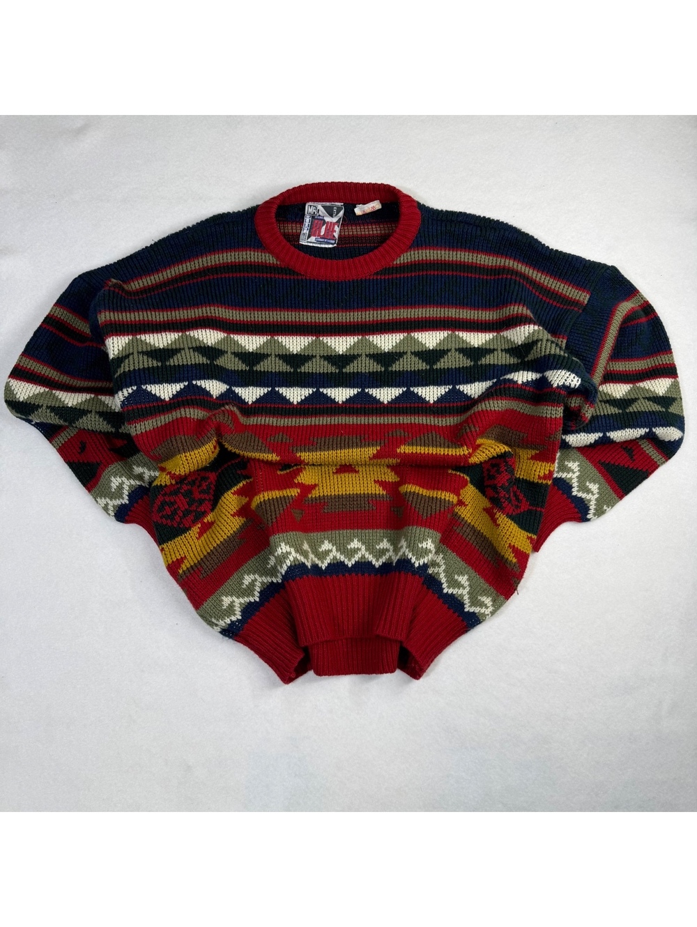 Vintage Mr. Jump Chunky Knit Sweater Aztec Southwestern Pattern Red Navy